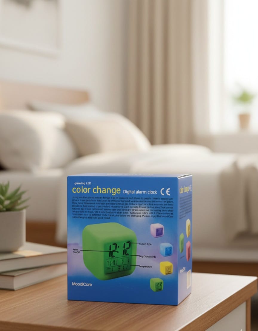 Digital Alarm Clock , Light Up Cube Alarm Clock 7 Colors Change .